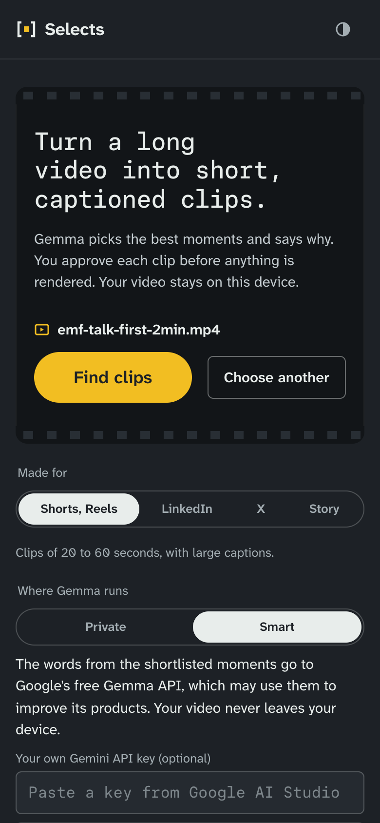 Selects Web on a phone. The home screen reads "Turn a long video into short, captioned clips", with Private and Smart modes below